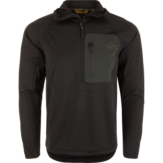Men’s EST Performance Half-Zip Hoodie with ergonomic thumbholes, waterproof chest pocket, and breathable knit fabric, ideal for outdoor activities and UV protection.