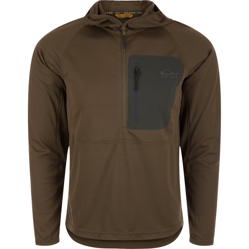 Men's EST Performance Half-Zip Hoodie with ergonomic thumbholes, zippered chest pocket, and integrated hood; designed with lightweight polyester for breathability and UV protection.