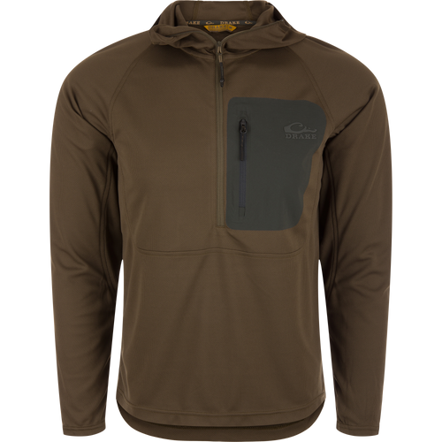Men's EST Performance Half-Zip Hoodie with ergonomic thumbholes, zippered chest pocket, and integrated hood; designed with lightweight polyester for breathability and UV protection.