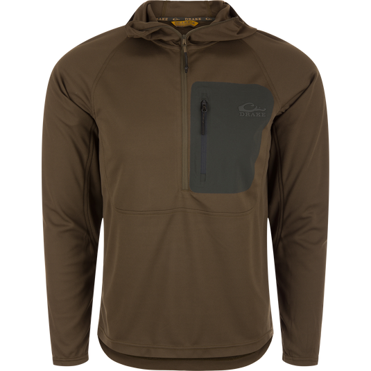 Men's EST Performance Half-Zip Hoodie with ergonomic thumbholes, zippered chest pocket, and integrated hood; designed with lightweight polyester for breathability and UV protection.