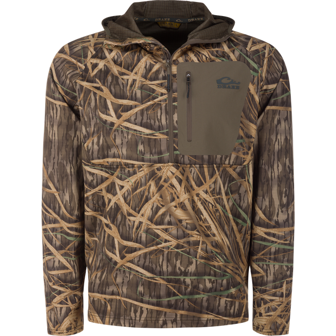 Grid Fleece Half Zip Hoodie with camo pattern, zippered chest pocket, and kangaroo pouch, designed for hunting with moisture-wicking grid fleece for comfort and mobility.