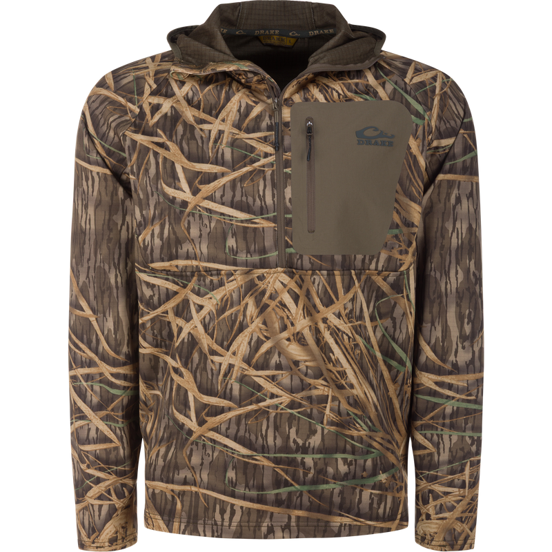 Grid Fleece Half Zip Hoodie with camo pattern, zippered chest pocket, and kangaroo pouch, designed for hunting with moisture-wicking grid fleece for comfort and mobility.