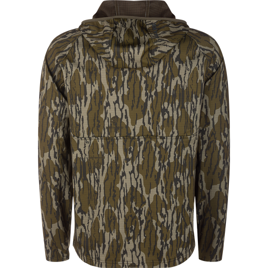 Back view of the Grid Fleece Half Zip Hoodie laid flat, showcasing its hood and sleeves in a camouflage pattern, designed for comfort and moisture management.