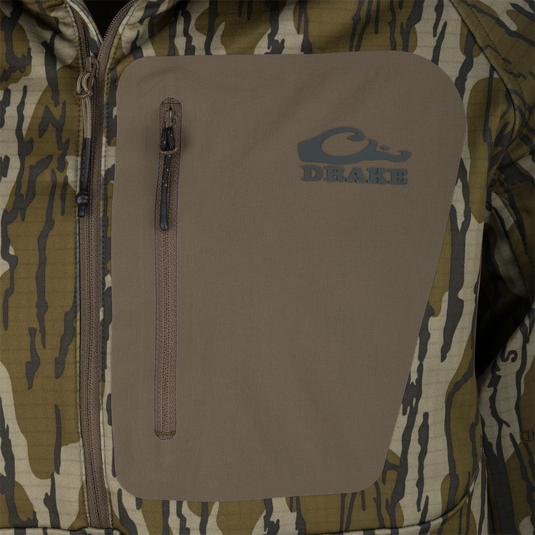Grid Fleece Half Zip Hoodie with camo pattern, featuring a brown chest panel with “DRAKE” logo, weather-sealed YKK zipper, and drawcord for enhanced functionality.
