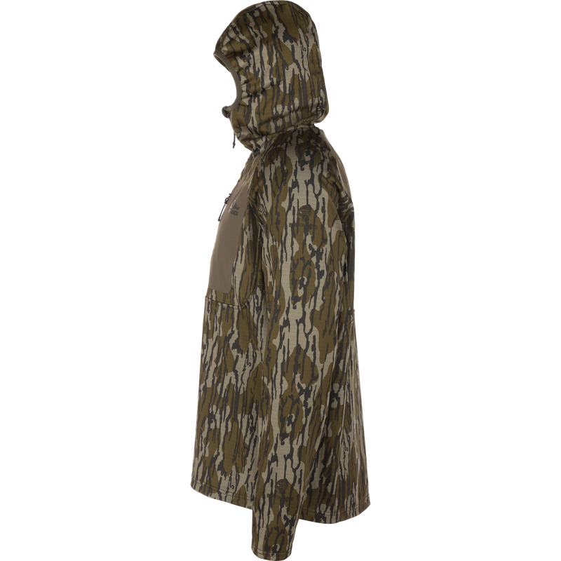 Grid Fleece Half Zip Hoodie featuring camo pattern with hood, chest zip-pocket, and moisture-wicking fleece for comfort, reflecting Purewhitelaneshop's high-quality hunting apparel.