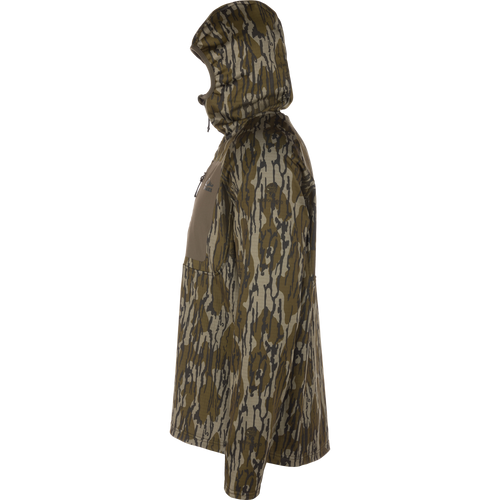 Grid Fleece Half Zip Hoodie featuring camo pattern with hood, chest zip-pocket, and moisture-wicking fleece for comfort, reflecting Purewhitelaneshop's high-quality hunting apparel.