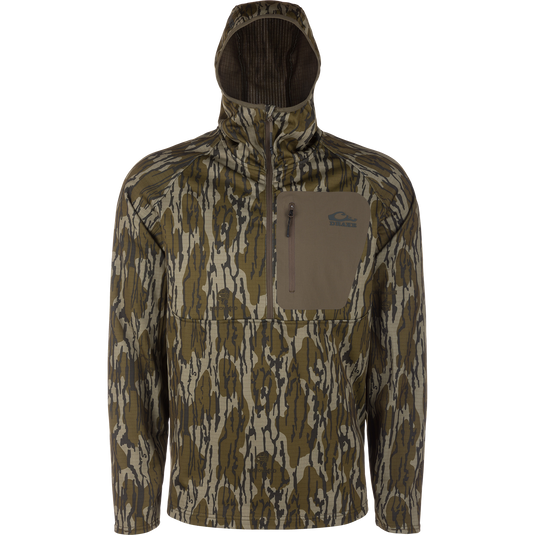 Grid Fleece Half Zip Hoodie featuring tree-bark camo, half-zip front, raglan sleeves, and a Drake-branded chest pocket for secure storage, designed for outdoor comfort.