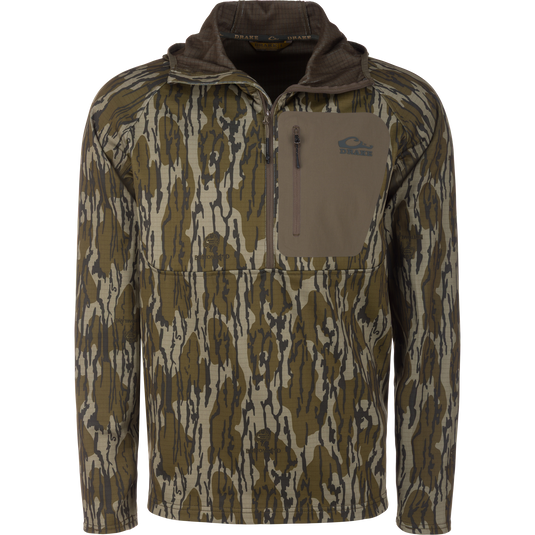 Grid Fleece Half Zip Hoodie with camo pattern, featuring a stand-up collar, zippered chest pocket, and soft grid-fleece lining for comfort and moisture management.