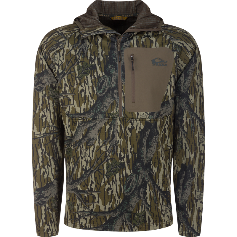 Men's Grid Fleece Half Zip Hoodie with camo pattern, quarter zip, and zippered chest pocket. Made with moisture-wicking, stretch fleece for comfort and durability.