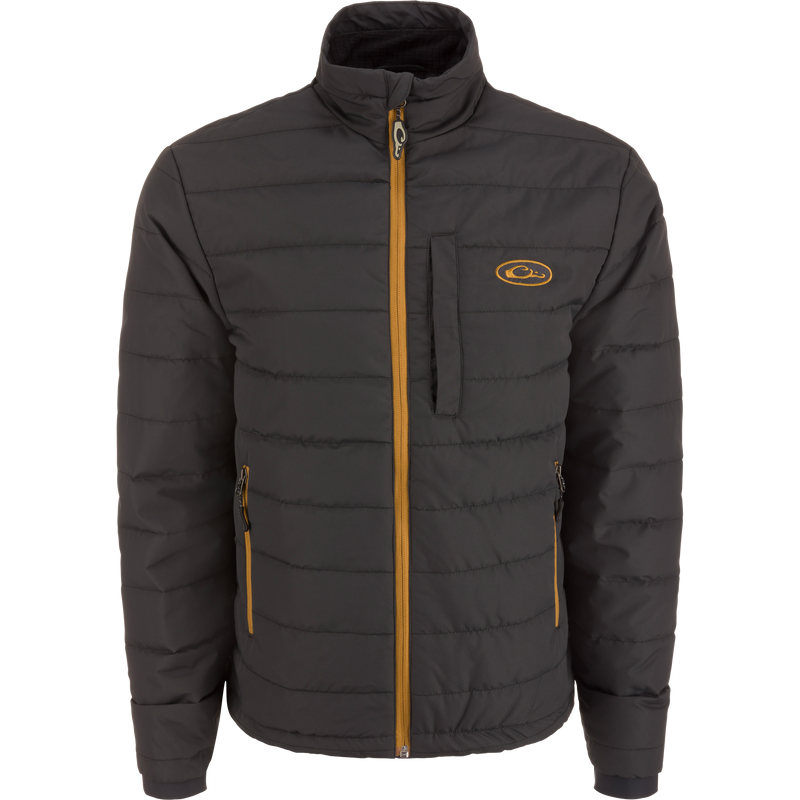 MST Synthetic Down Pack Jacket with a yellow logo, featuring a zipper and packable design, ideal for versatile outdoor use and easy stowage.