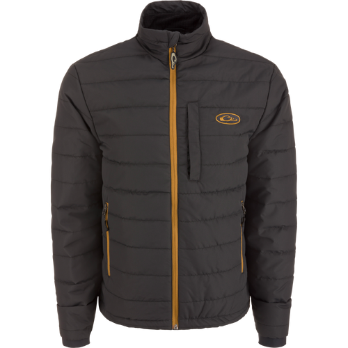 MST Synthetic Down Pack Jacket with a yellow logo, featuring a zipper and packable design, ideal for versatile outdoor use and easy stowage.