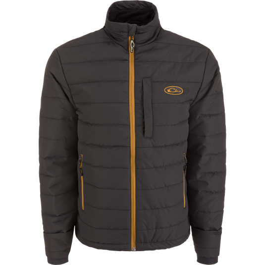 MST Synthetic Down Pack Jacket with a yellow logo, featuring a zipper and packable design, ideal for versatile outdoor use and easy stowage.