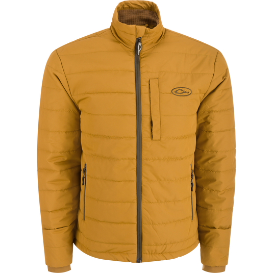 MST Synthetic Down Pack Jacket with horizontal baffle design, packs into chest pocket, featuring adjustable waist and zippered pockets, ideal for versatile outdoor use.