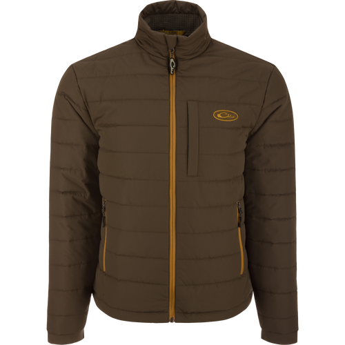 Close-up of the MST Synthetic Down Pack Jacket's zipper and baffle design, highlighting its lightweight, packable features ideal for versatile, outdoor hunting use.