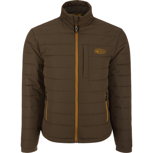 Close-up of the MST Synthetic Down Pack Jacket's zipper and baffle design, highlighting its lightweight, packable features ideal for versatile, outdoor hunting use.