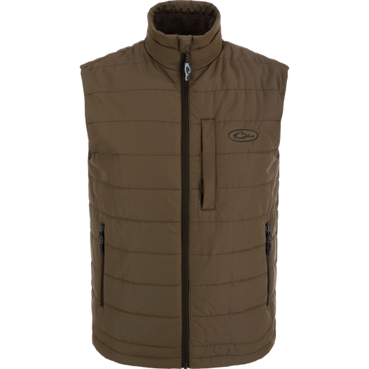 Olive-brown MST Synthetic Down Pack Vest with zipper front, stand-up collar, and multiple pockets; features packable design and adjustable waist for versatile outdoor use.