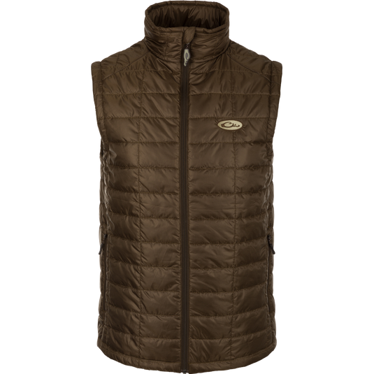 Synthetic Down Pac-Vest: A brown jacket with logo, YKK zippered pockets, drawcord waist, and water-repellent finish. Stay protected outdoors.