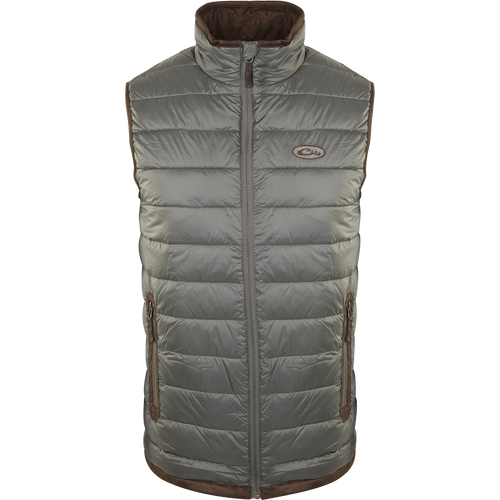A silver-colored durable Synthetic Double Down Vest by Purewhitelaneshop, featuring a horizontal baffle design, suede accents, and reverse coil zippers for outdoor warmth and style.