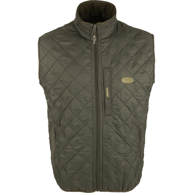 Delta Quilted Fleece Lined Vest with quilted polyester shell, micro-fleece lining, vertical chest pocket, and two fleece-lined slash pockets, ideal for functional layering.