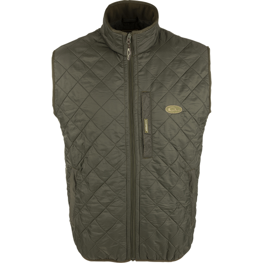 Delta Quilted Fleece Lined Vest with quilted polyester shell, micro-fleece lining, vertical chest pocket, and two fleece-lined slash pockets, ideal for functional layering.