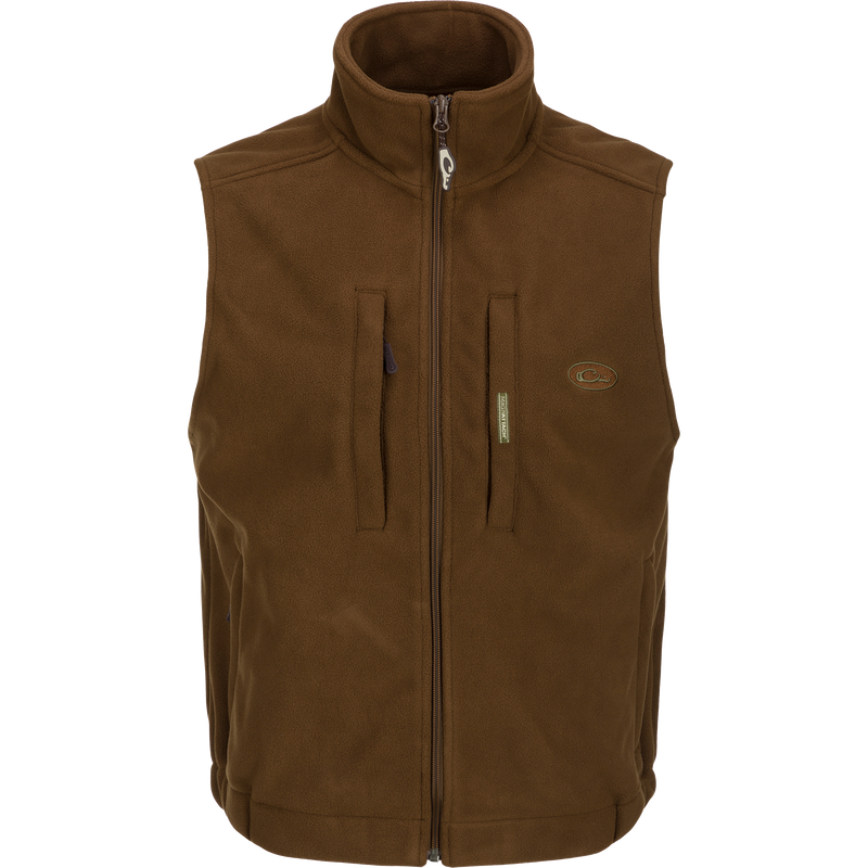 MST Solid Windproof Layering Vest with stand-up collar, vertical zippered and magnetic chest pockets, and zippered hand warmer pockets, ideal for outdoor activities.