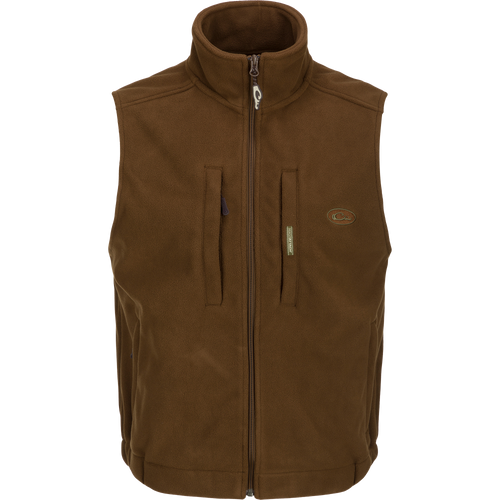 MST Solid Windproof Layering Vest with stand-up collar, vertical zippered and magnetic chest pockets, and zippered hand warmer pockets, ideal for outdoor activities.