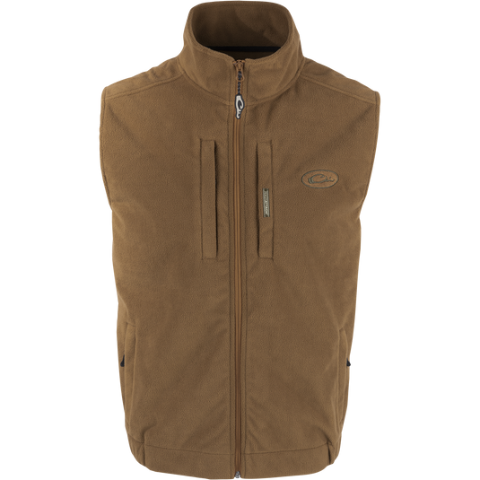 MST Solid Windproof Layering Vest with stand-up collar, vertical zippered and magnetic chest pockets, and zippered lower hand warmer pockets, ideal for hunting.