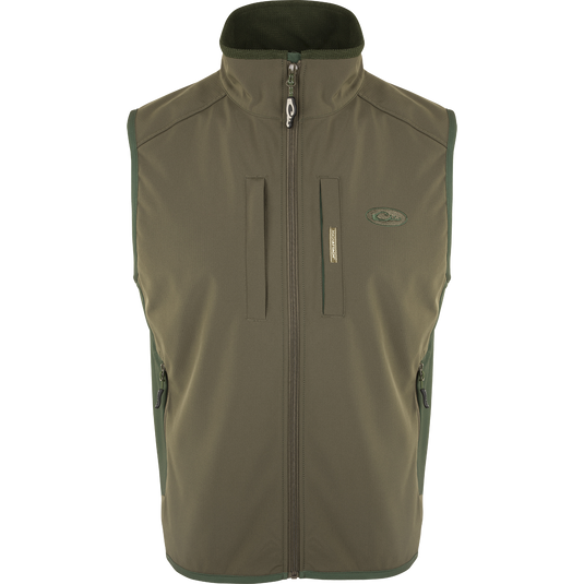 EST Windproof Tech Vest with zippered chest and lower pockets, drawstring waist, and four-way stretch panels for high warmth-to-weight ratio.