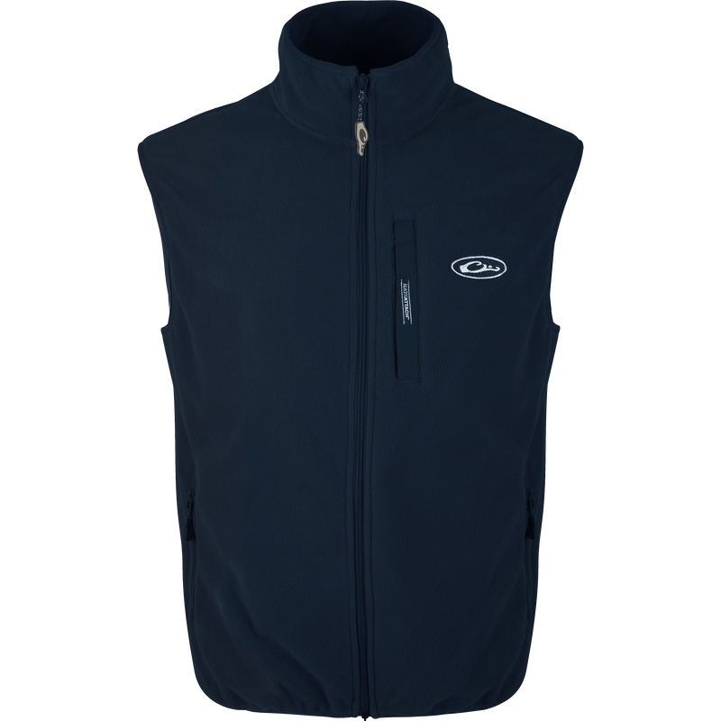 Camp Fleece Vest featuring a zipper, vertical Magnattach™ pocket, and lower zippered hand warmer pockets, ideal for layering in outdoor activities.