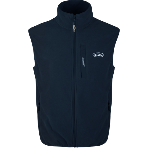 Camp Fleece Vest featuring a zipper, vertical Magnattach™ pocket, and lower zippered hand warmer pockets, ideal for layering in outdoor activities.