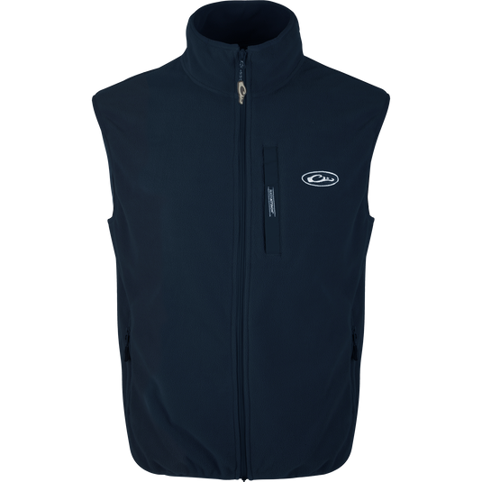 Camp Fleece Vest featuring a zipper, vertical Magnattach™ pocket, and lower zippered hand warmer pockets, ideal for layering in outdoor activities.