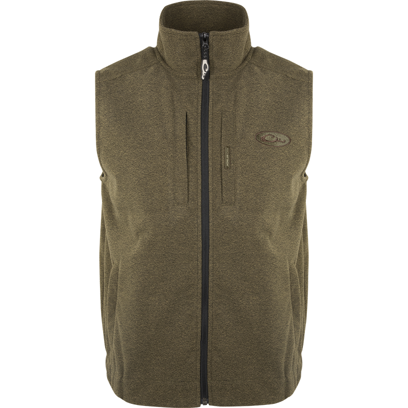Heather Windproof Layering Vest featuring a close-up of its zipper and functional pockets, designed for warmth and style in outdoor and casual settings.