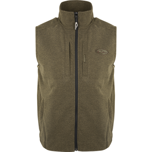 Heather Windproof Layering Vest featuring a close-up of its zipper and functional pockets, designed for warmth and style in outdoor and casual settings.