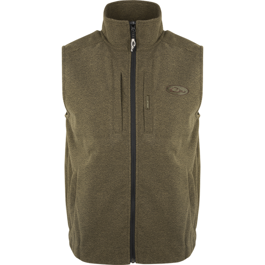 Heather Windproof Layering Vest featuring a close-up of its zipper and functional pockets, designed for warmth and style in outdoor and casual settings.