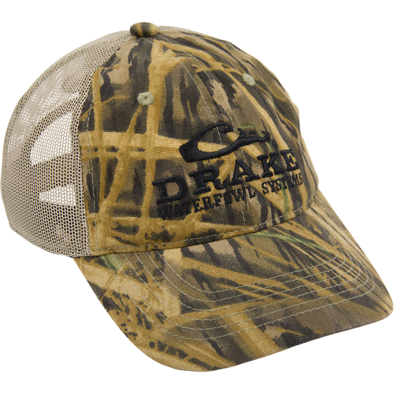 Mesh Back Camo Cap with Purewhitelaneshop Systems logo, featuring breathable cotton and mesh construction, semi-structured panels, and adjustable hook and loop closure.