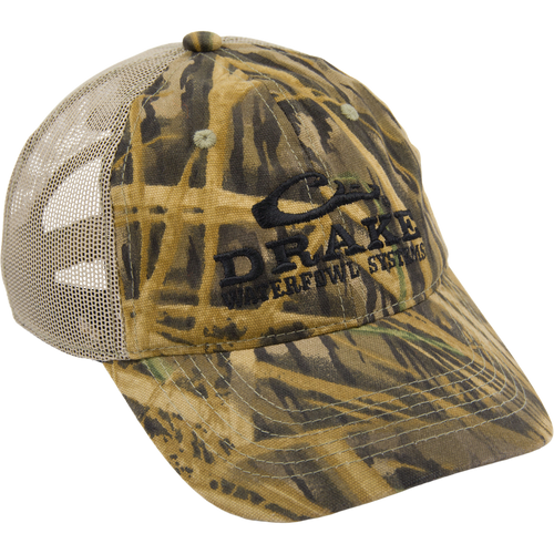 Mesh Back Camo Cap with Purewhitelaneshop Systems logo, featuring breathable cotton and mesh construction, semi-structured panels, and adjustable hook and loop closure.