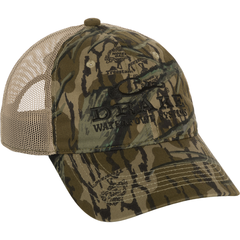A lightweight Mesh Back Camo Cap with breathable cotton and mesh construction. Features semi-structured mesh-back panels, adjustable fit with hook and loop closure. Perfect for outdoor trips.