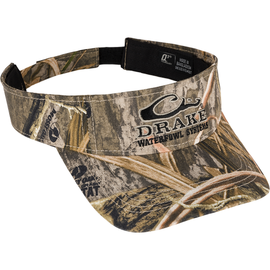 A low-profile visor with the Drake Logo embroidered on the front. Velcro back closure. Made with 100% cotton or polyester. One size fits most.