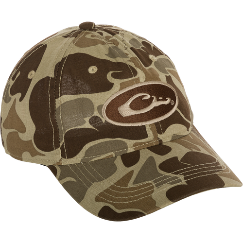 Camo Cotton Cap with logo, featuring full camo concealment, lightweight cotton, 6-panel construction, and hook and loop closure.