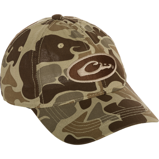 Camo Cotton Cap with logo, featuring full camo concealment, lightweight cotton, 6-panel construction, and hook and loop closure.