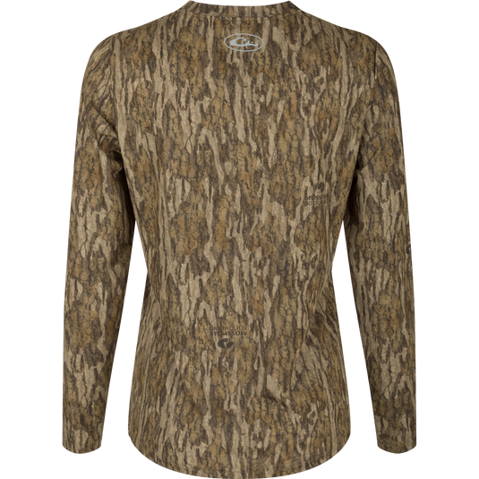 Women's EST Camo Performance Long Sleeve Crew, a shirt with a tree pattern. Offers comfort and protection with 4-Way Stretch and Shield 4 treatments.