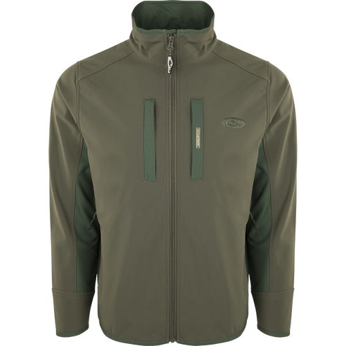 Windproof Tech Jacket with vertical chest pocket and zipper closure, lower pockets with zipper closure, side stretch panels, and drawstring waist. Perfect for cool Fall days and nights.