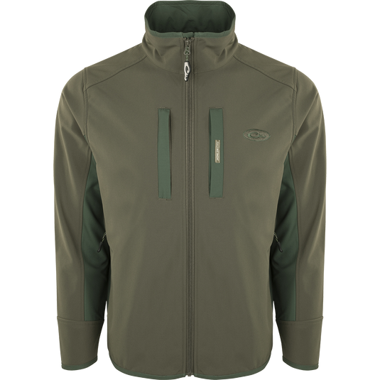 Windproof Tech Jacket with vertical chest pocket and zipper closure, lower pockets with zipper closure, side stretch panels, and drawstring waist. Perfect for cool Fall days and nights.