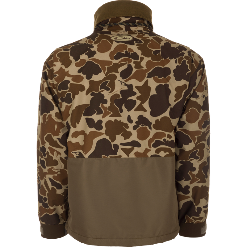 MST Waterproof Fleece-Lined Quarter Zip Jacket featuring an irregular camo pattern with solid olive-brown panel, stand-up collar, and adjustable cuffs on a white mannequin.