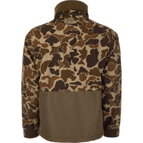 MST Waterproof Fleece-Lined Quarter Zip Jacket featuring an irregular camo pattern with solid olive-brown panel, stand-up collar, and adjustable cuffs on a white mannequin.