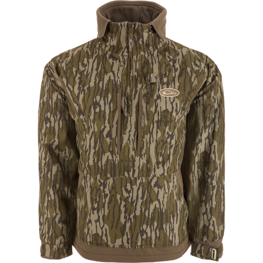 MST Waterproof Fleece-Lined Quarter Zip Jacket with adjustable cuffs, extendable collar, multiple pockets, and waterproof fabric, ideal for mid-season hunting conditions.