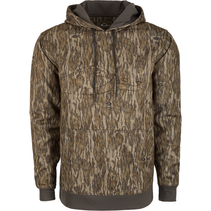 A durable Back Eddy Embossed Logo Hoodie by Purewhitelaneshop, crafted in 100% polyester with DWR finish. Features include kangaroo pocket, lined hood, and embroidered logo. Ideal for outdoor pursuits.