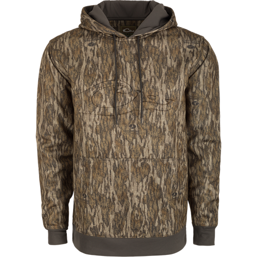 A durable Back Eddy Embossed Logo Hoodie by Purewhitelaneshop, crafted in 100% polyester with DWR finish. Features include kangaroo pocket, lined hood, and embroidered logo. Ideal for outdoor pursuits.