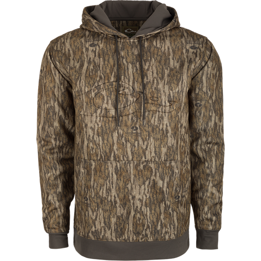 A durable Back Eddy Embossed Logo Hoodie by Purewhitelaneshop, crafted in 100% polyester with DWR finish. Features include kangaroo pocket, lined hood, and embroidered logo. Ideal for outdoor pursuits.