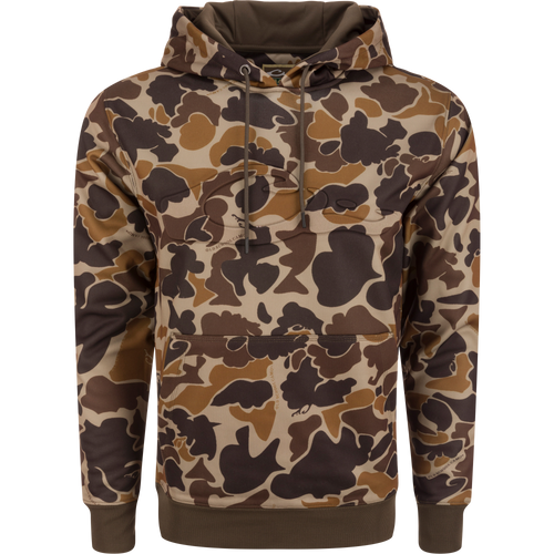 A durable Back Eddy Embossed Logo Hoodie by Purewhitelaneshop, featuring a raised logo, DWR coating, kangaroo pocket, and adjustable hood. Ideal for hunting and outdoor activities.